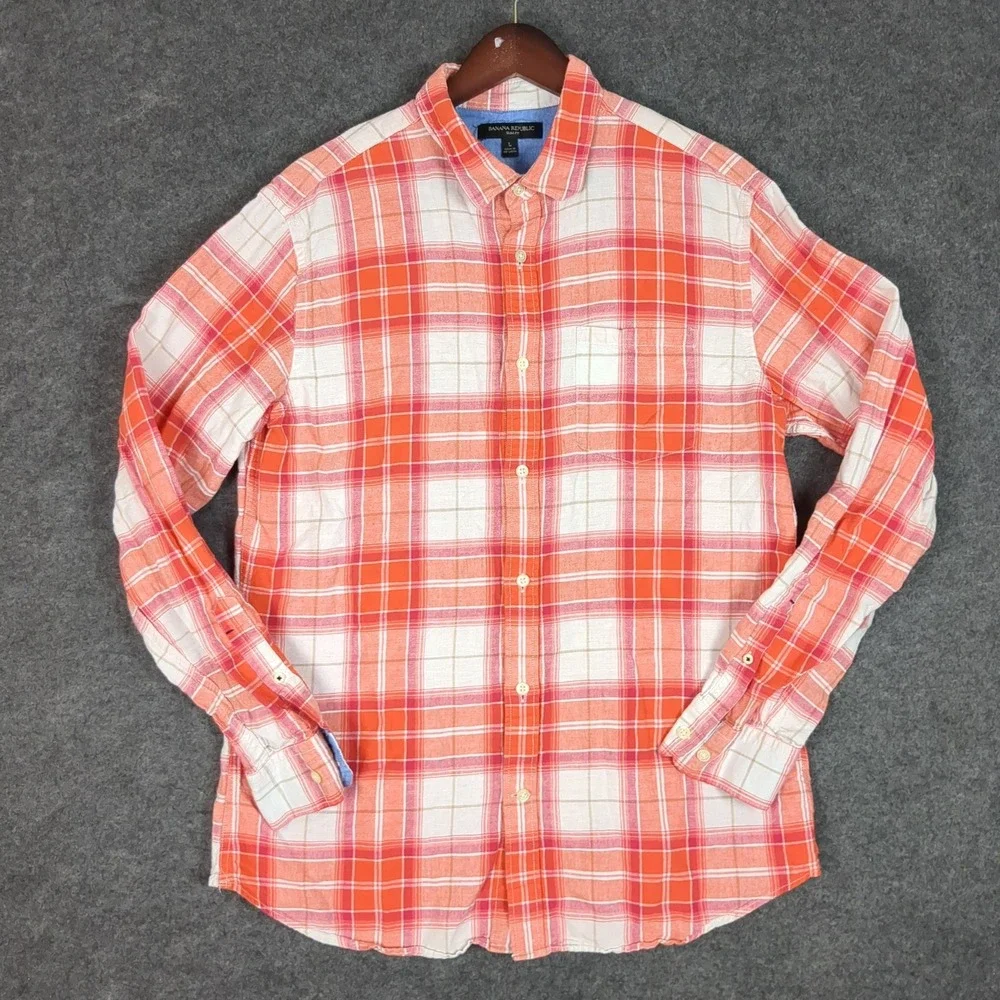 Banana Republic Slim Fit Plaid Button Down Shirt Mens Large Orange White Linen